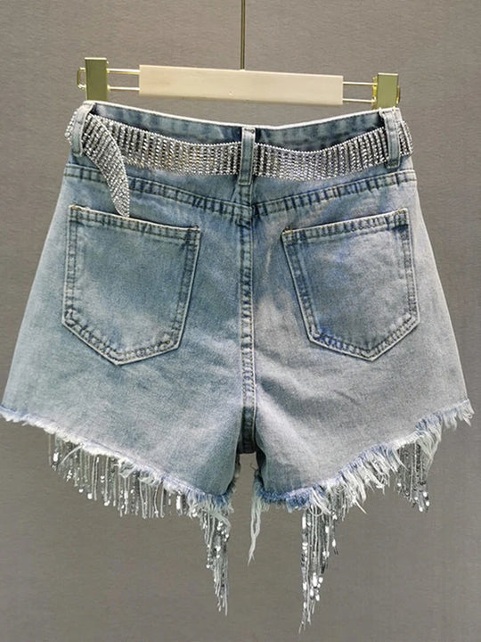 Summer Elegant Shorts Lady Tassel Beading High Waist Wide Leg Denim Shorts Female Casual Solid Shorts Jeans for Women Clothing FESTIVAL OUTFITS & STREETWEAR