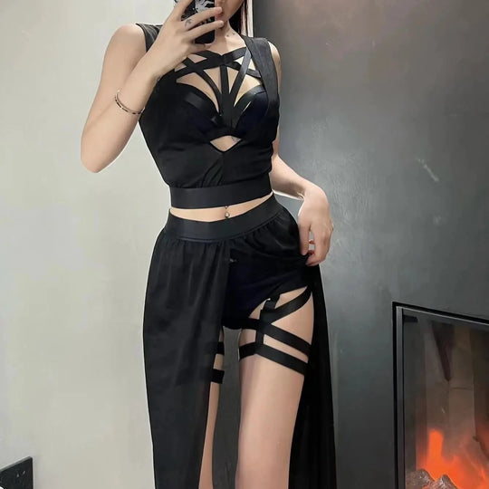 4pcs Set | Rock | Sleeveless Black Crop Bra Top Bandage Underpants Slit Skirt FESTIVAL OUTFITS & STREETWEAR