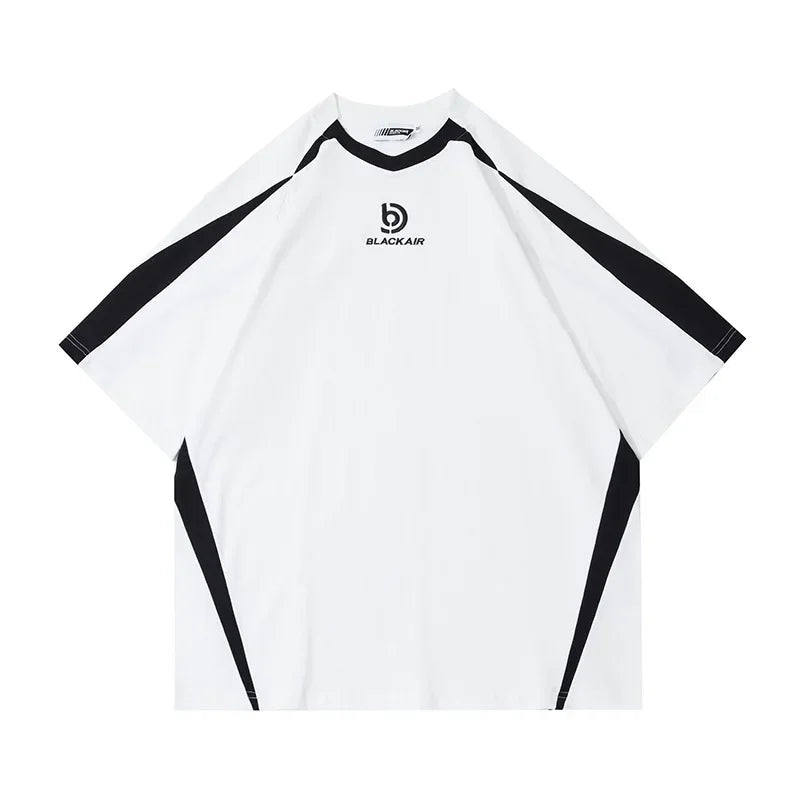 Vintage Spliced Shoulder Short Sleeve T-Shirt Men Women Summer Streetwear Oversize Pair Loose-Fit Top Round Neck Material Festival Outfits | Techno Shirts | Rave Clothing