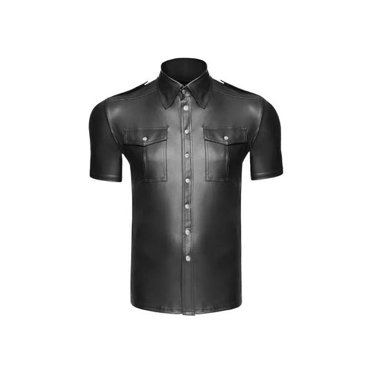 Männer Kunstleder Uniform Hemd Kragen Kurzarm T-Shirt Wet Look Top Bluse Button Up T-Shirt Nachtclub Bühne Kostüme Tops Festival Outfits | Techno Shirts | Rave Clothing