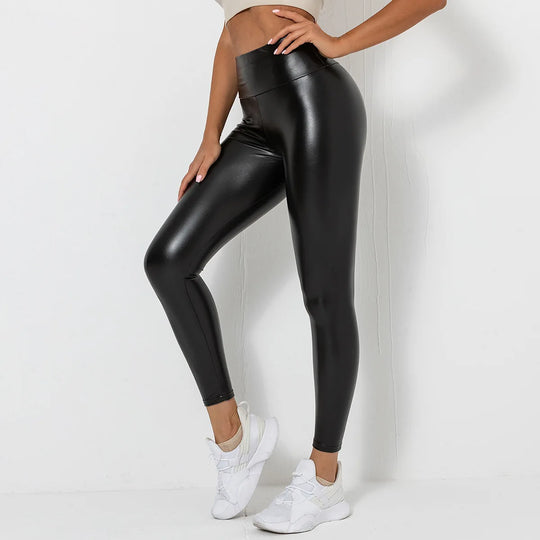 Dünne Leder-Leggings, Stretch-Gesäß, hohe Taille, Lederhose, elastische, schmale Hose für Frauen, glänzende schwarze, sexy enge Hose Festival Outfits | Techno Shirts | Rave Clothing