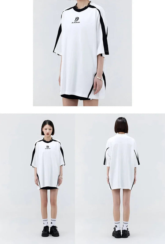 Vintage Spliced Shoulder Short Sleeve T-Shirt Men Women Summer Streetwear Oversize Pair Loose-Fit Top Round Neck Material Festival Outfits | Techno Shirts | Rave Clothing
