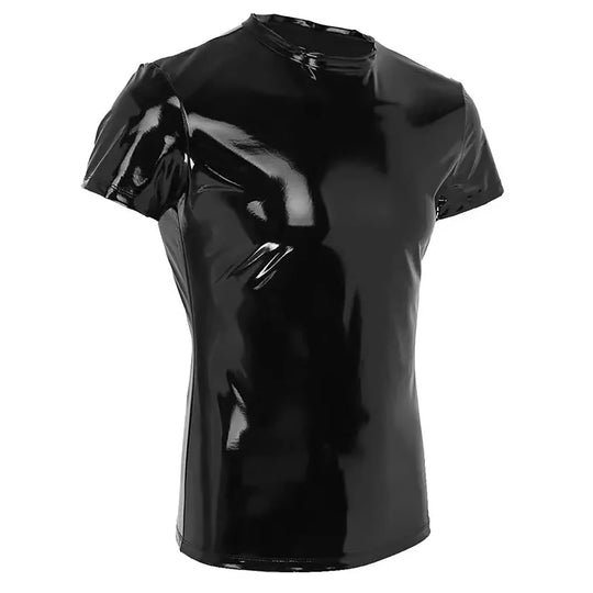 Männer glänzendes Hemd Wetlook Lack leder kurze Ärmel Sommer sexy T-Shirt Bühne Nachtclub Tops lässige Unterhemden Kleidung a50 Festival Outfits | Techno Shirts | Rave Clothing