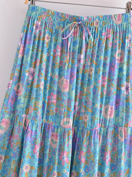 Vintage Chic Women Hippie Summer Tassel Elastic Waist Boho Skirt Blue Floral Printed Rayon Beach Bohemian Pleated Maxi Skirts FESTIVAL OUTFITS & STREETWEAR