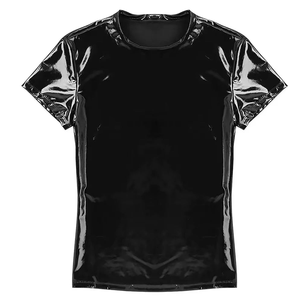 Männer glänzendes Hemd Wetlook Lack leder kurze Ärmel Sommer sexy T-Shirt Bühne Nachtclub Tops lässige Unterhemden Kleidung a50 Festival Outfits | Techno Shirts | Rave Clothing