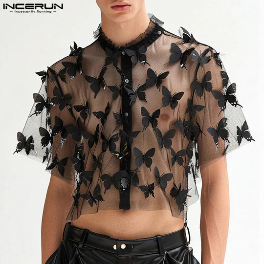 Fashion Party Shows Style Tops INCERUN 2024 Men Personality Print Shirt Sexy Casual Male Thin Cropped Short Sleeved Blouse S-5XL Festival Outfits | Techno Shirts | Rave Clothing