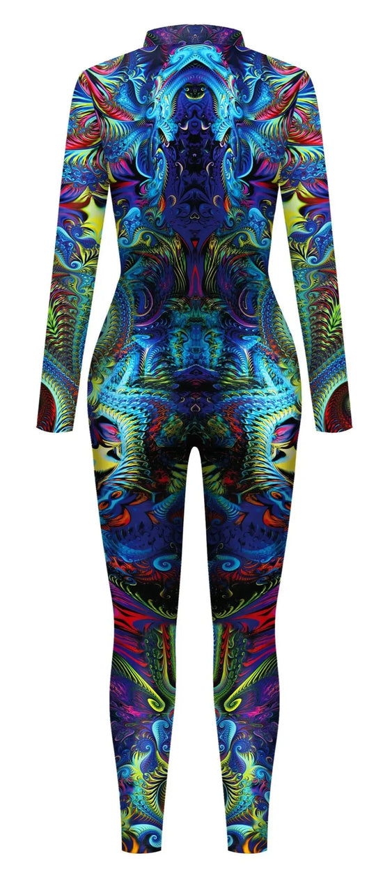  Fraktal Printed Costume Carnival Zentai Bodysuit Purim Party Cosplay Jumpsuit Front Zipper Suit Halloween Clothes FESTIVAL OUTFITS & STREETWEAR