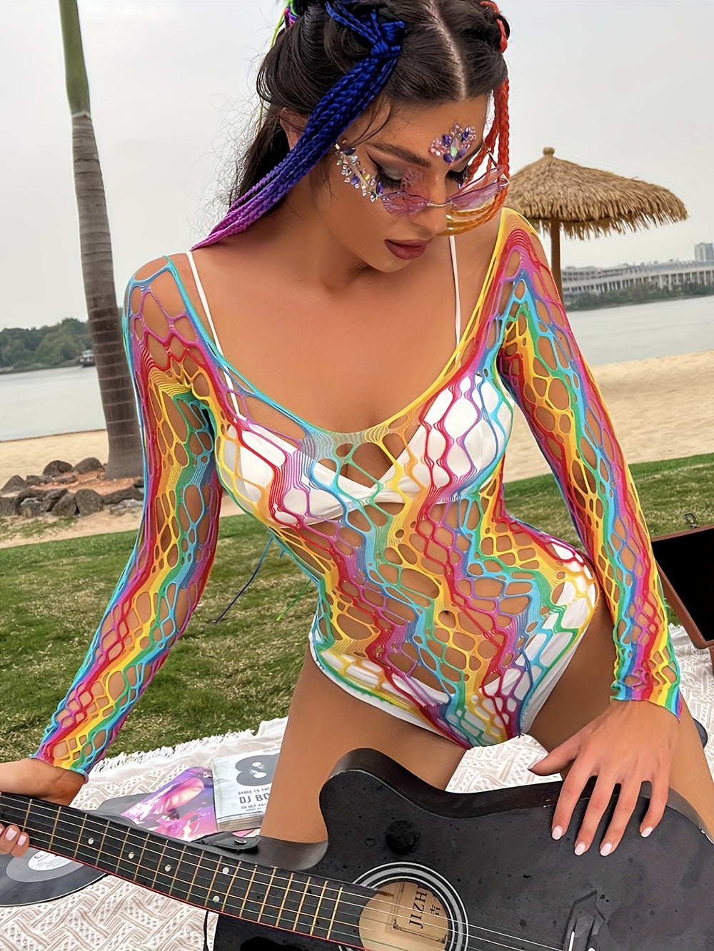 Rainbow Color Sexy Cover Up Jumpsuit, Long Sleeves Hollow Out Sheer Beach Bodysuit Without Bikini, Women's Swimwear & Clothing FESTIVAL OUTFITS & STREETWEAR