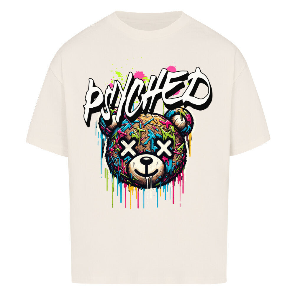 beige oversized  Graffiti Bear Streetwear T-Shirt "PSYCHED" - Buntes Design auf beige