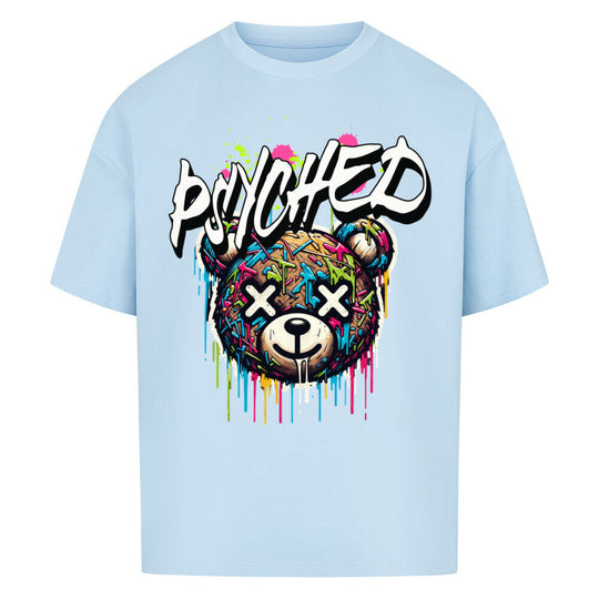 beige oversized  Graffiti Bear Streetwear T-Shirt "PSYCHED" - Buntes Design auf blau