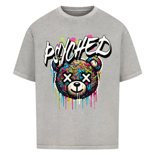 beige oversized  Graffiti Bear Streetwear T-Shirt "PSYCHED" - Buntes Design auf grau