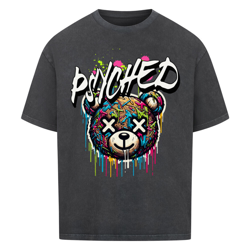 beige oversized  Graffiti Bear Streetwear T-Shirt "PSYCHED" - Buntes Design auf washed black