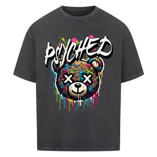 beige oversized  Graffiti Bear Streetwear T-Shirt "PSYCHED" - Buntes Design auf washed black