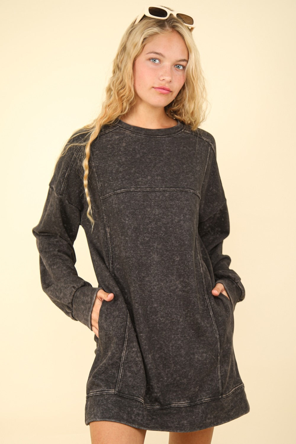 VERY J Mineral Washed Oversized Sweatshirt Mini Dress Trendsi