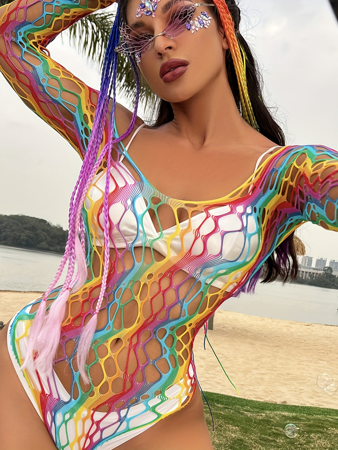 Rainbow Color Sexy Cover Up Jumpsuit, Long Sleeves Hollow Out Sheer Beach Bodysuit Without Bikini, Women's Swimwear & Clothing FESTIVAL OUTFITS & STREETWEAR