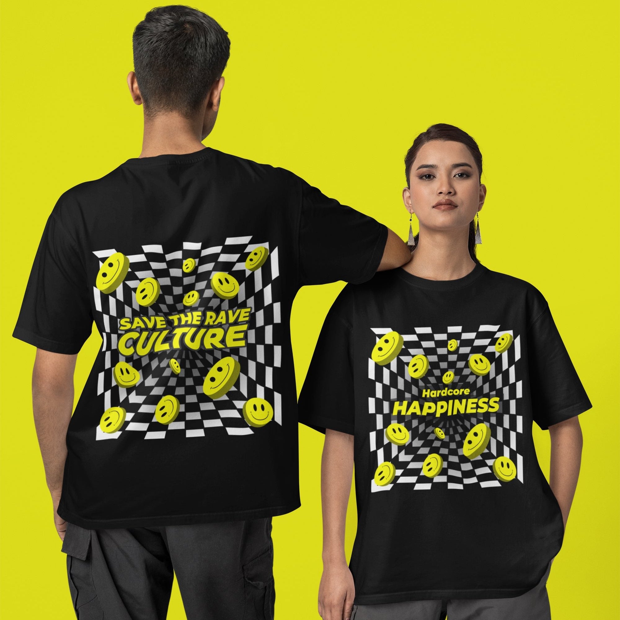 "Hardcore Happiness" Oversize Techno T-shirt (Doubleprint) MarketPrint