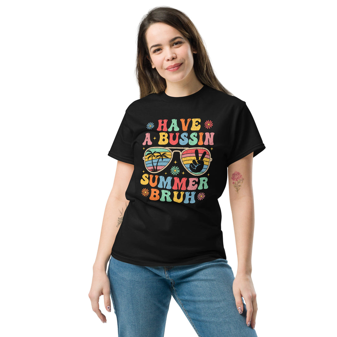have a bussin summer bruh T-shirt with colorful elements and colorful lettering