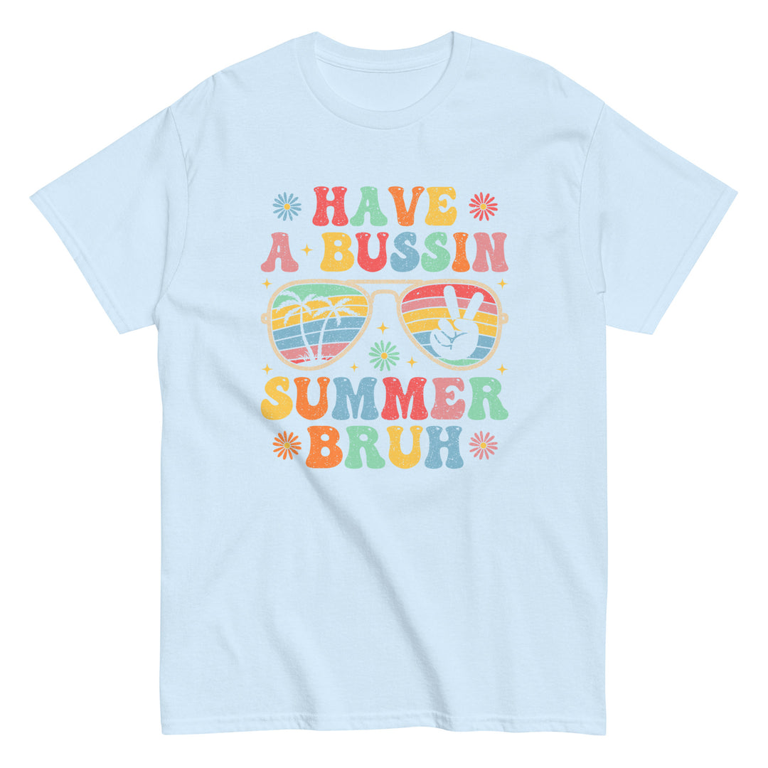 have a bussin summer bruh T-shirt with colorful elements and colorful lettering