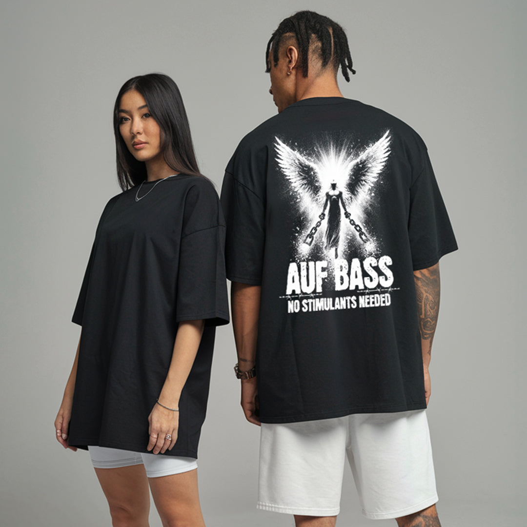 "Auf Bass - No stimulants needed" Oversized Techno T-Shirt (Backprint) MarketPrint